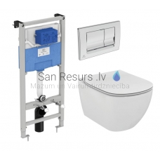Komplektas - Tesi Aquablade sieninis tualetas (baltas), SC dangtelis, integruotas rėmas, mygtukas (chromas)